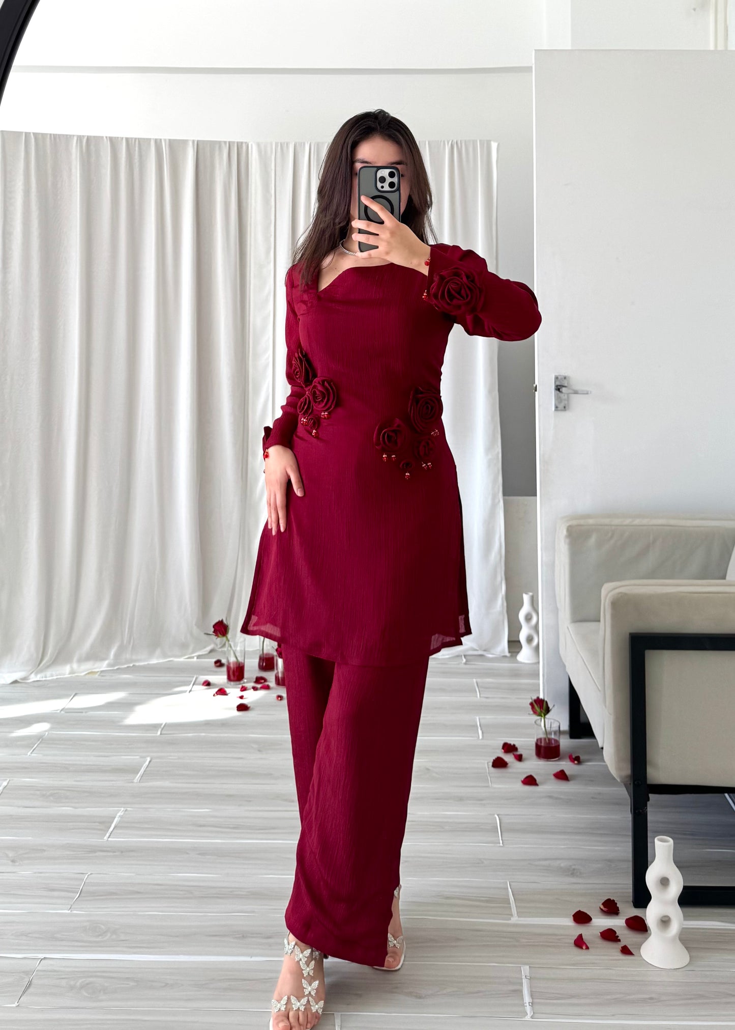 Maroon Rose 3D Flower Suit [1-2 Days Delivery]