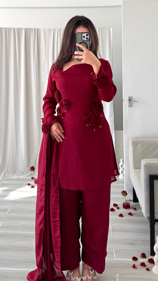 Maroon Rose 3D Flower Suit [1-2 Days Delivery]
